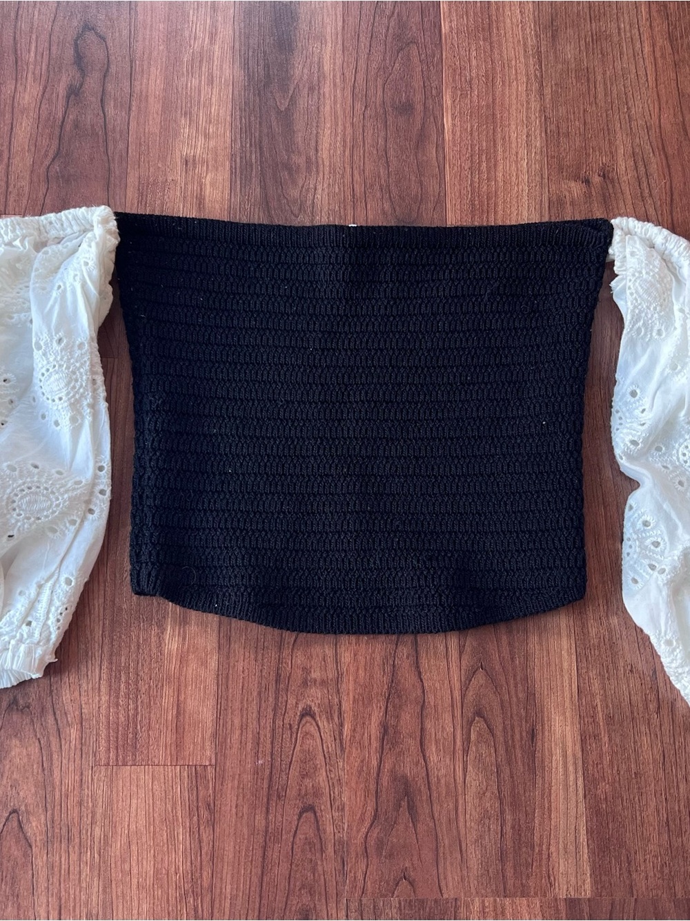 Zara Black Off-Shoulder Knit Bodice with White Eyelet Puff Sleeves